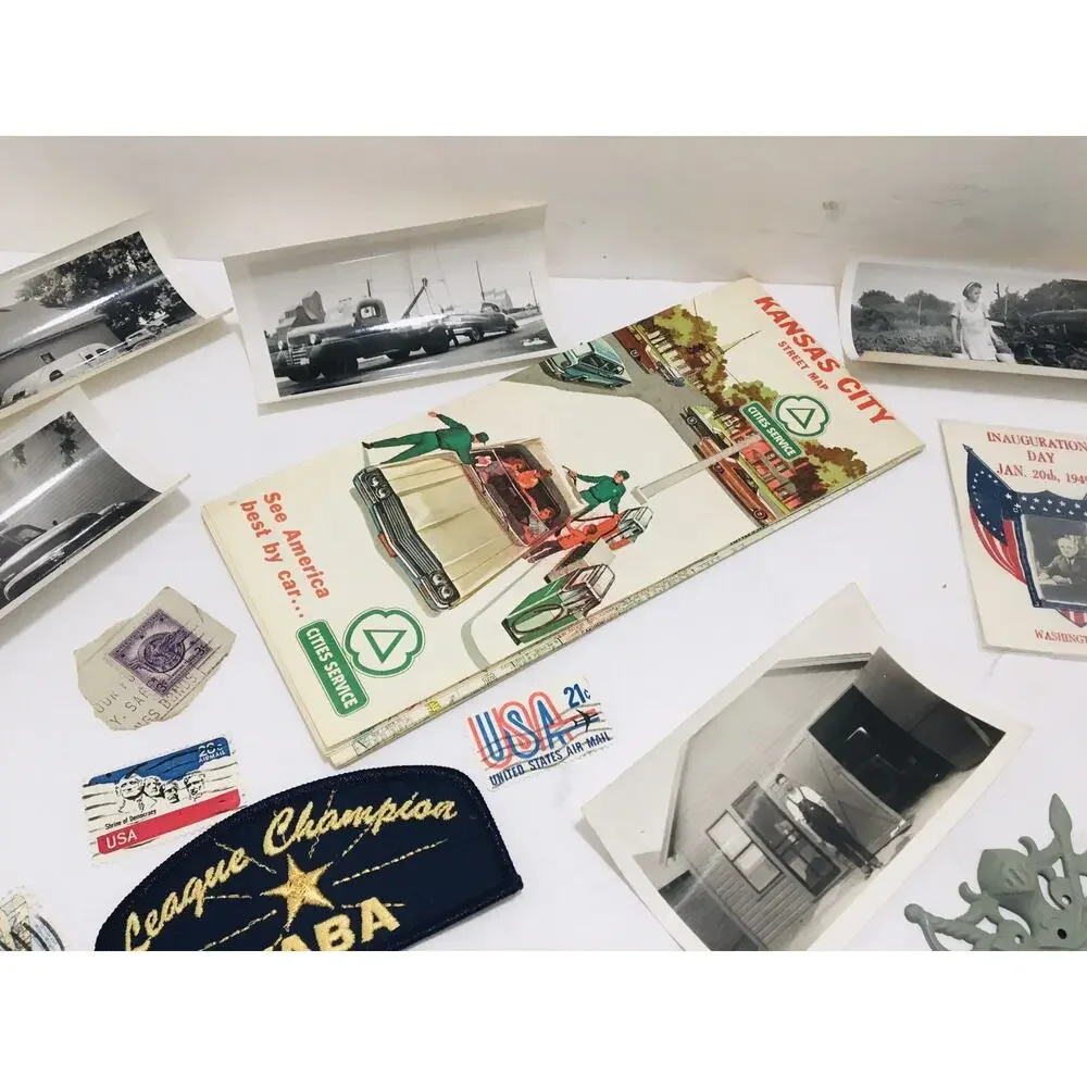 JUNK DRAWER LOT MAP OLD PHOTOS PINS PATCHES BUTTONS STAMPS SPOONS COIN CIVIL WAR